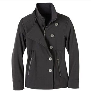 PrAna Asymmetrical Button Front Black Pea coat Soft Shell Jacket Water Repellant